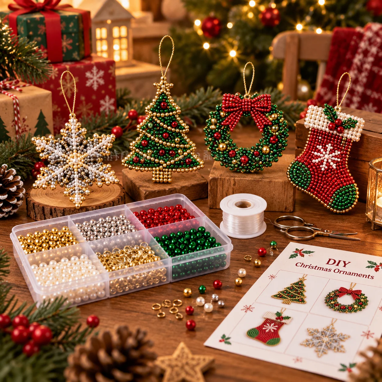 4個入りビーズクリスマスツリーキット。diyオーナメント、スノーフレーク、リース、クリスマスストッキングの装飾セット。子供から大人まで楽しめるクリスマスパーティーの飾りやプレゼントに。