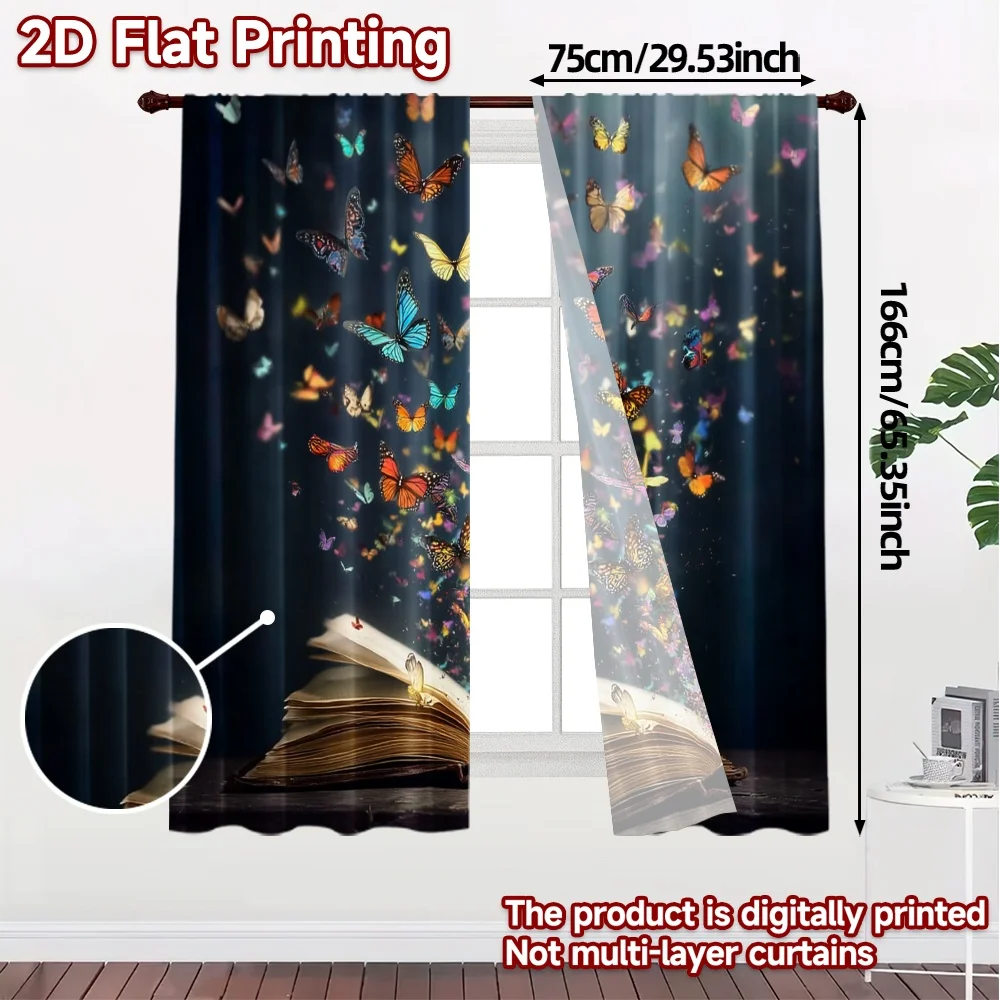 2pcs, 2D FLAT PRINTING Curtains (Without Rod) Butterfly Tales Light Filtering Chic Curtains Polyester Curtains Decorations