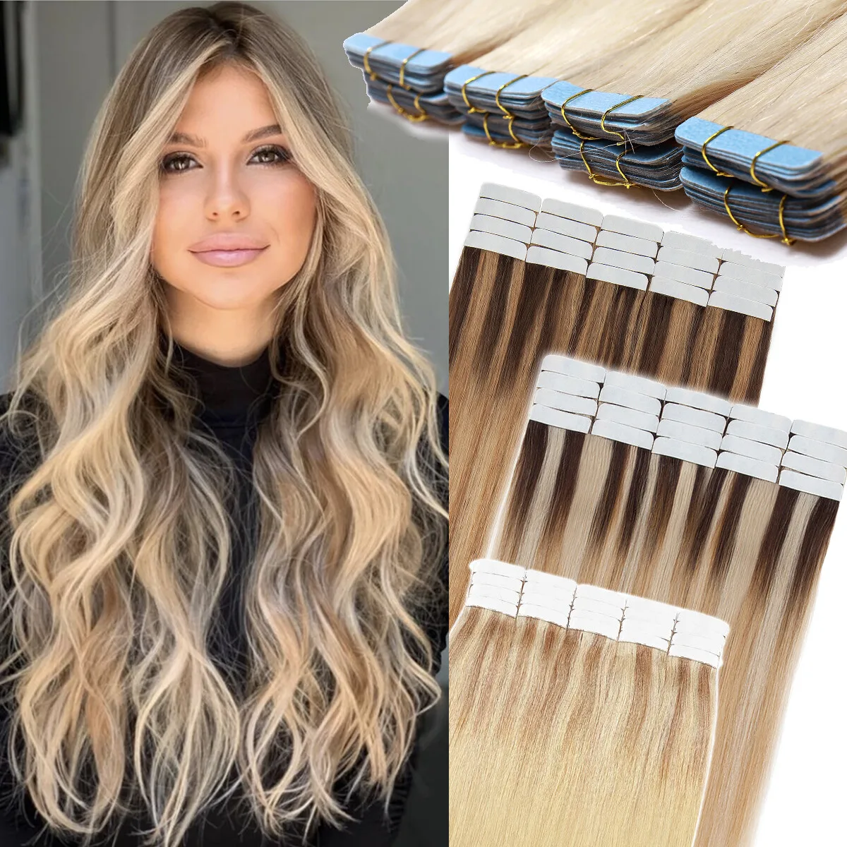 

Лента для наращивания, 20 шт., 100% человеческие волосы Remy, 12-26 дюймов, двухсторонняя лента с утком для надежной фиксации