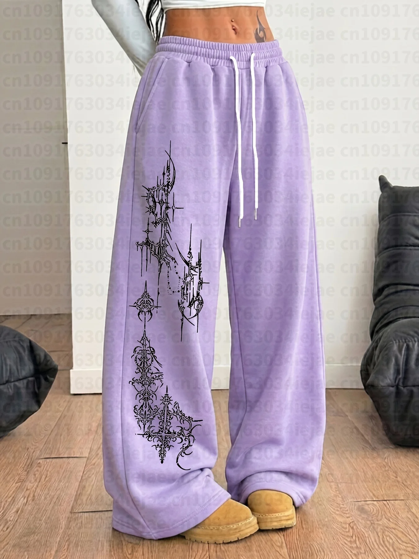 Vielseitige, modische, trendige Street-Style Casual Retro Y2K Punk-Hose mit religiösem Musterdruck für Damen und Kinder, schwarz, gerade geschnitten. – Detail 4