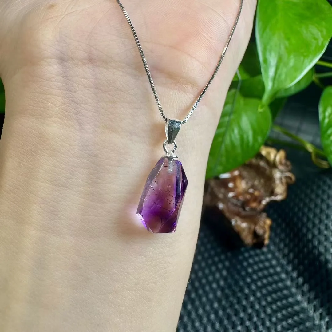 

1 Pc Fengbaowu Natural Purple Rutilated Quartz Super 7 Pendant 925 Sterling Silver Irregular Shape Crystal Healing Stone Gift
