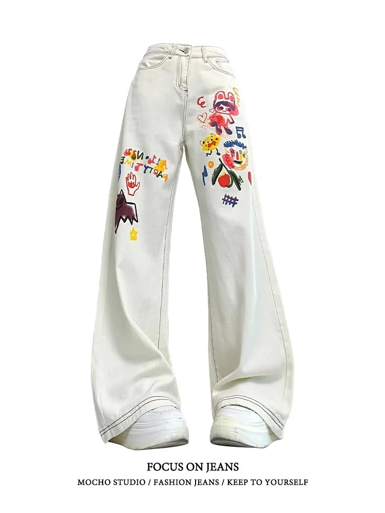 جديد Y2K جينز هيب هوب طباعة جينز مستقيم فضفاض للنساء موضة Harajuku عادية الشارع الأبيض بنطال ذو قصة أرجل واسعة