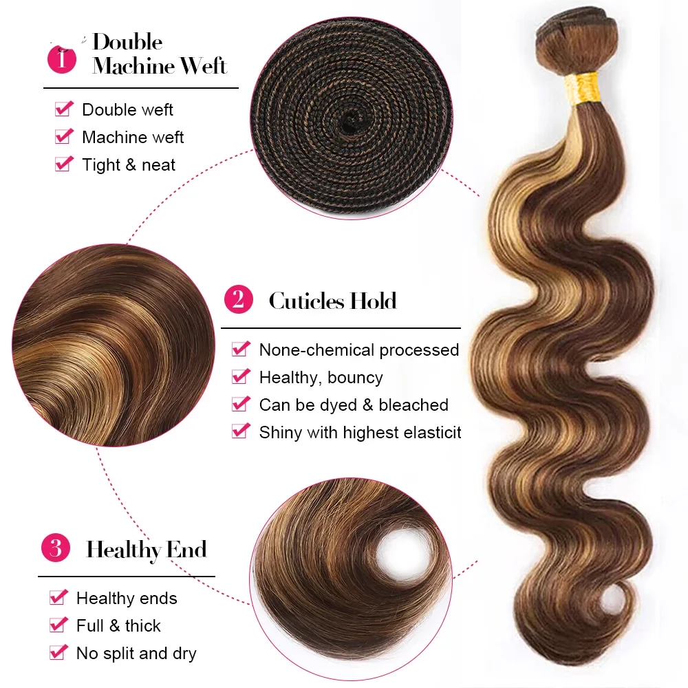 Brazilian Body Wave Hair Bundles para mulheres, 100% cabelo humano real, extensão de tecer, 30 Polegada, 1 Pacotes, 3 Pacotes, Honey Blonde, Highlight