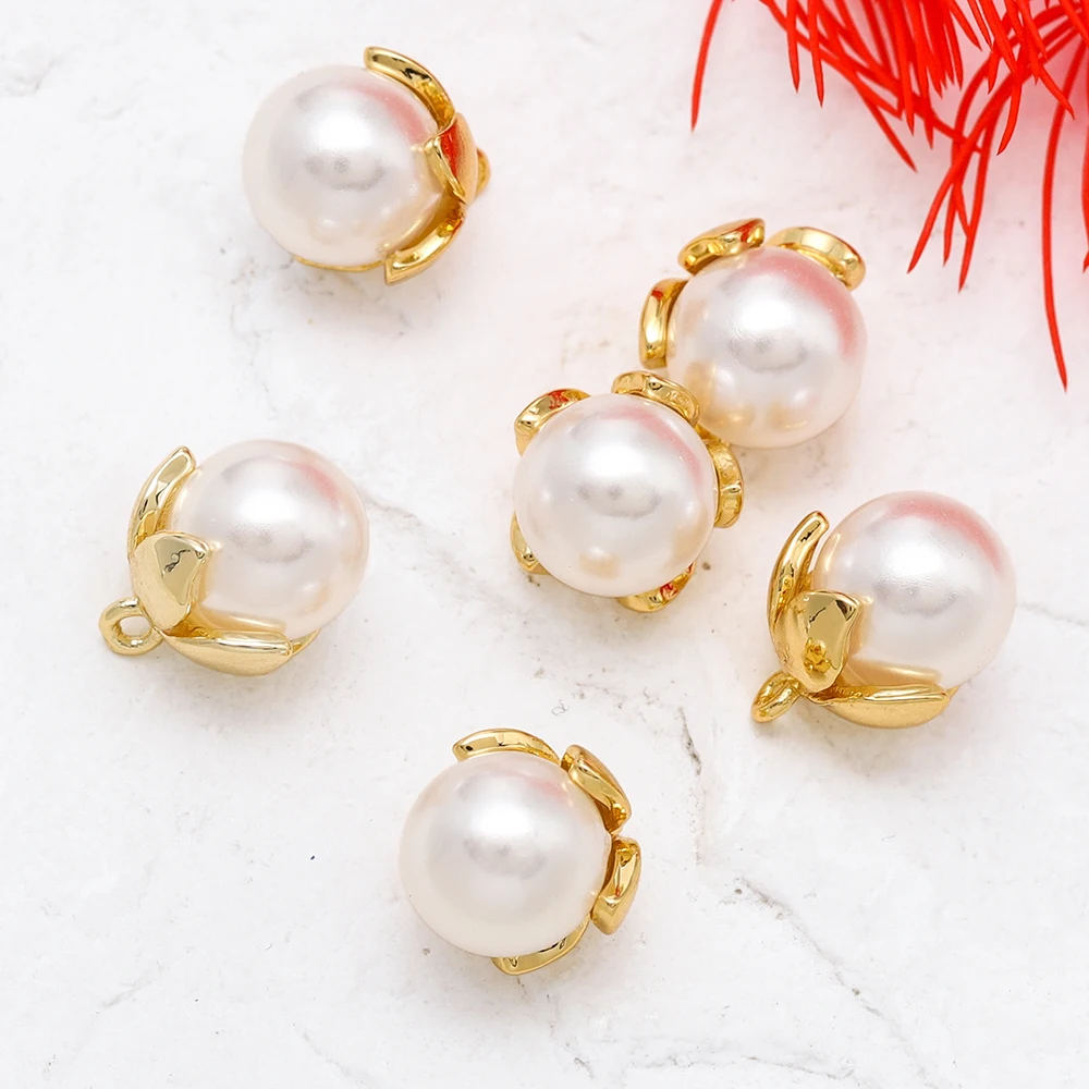 4/10pcs/lot 12mm 14/18K Gold Color Plated Brass Exquisite Pearl Charms Pendants For Women Earrings Making Jewelry Making