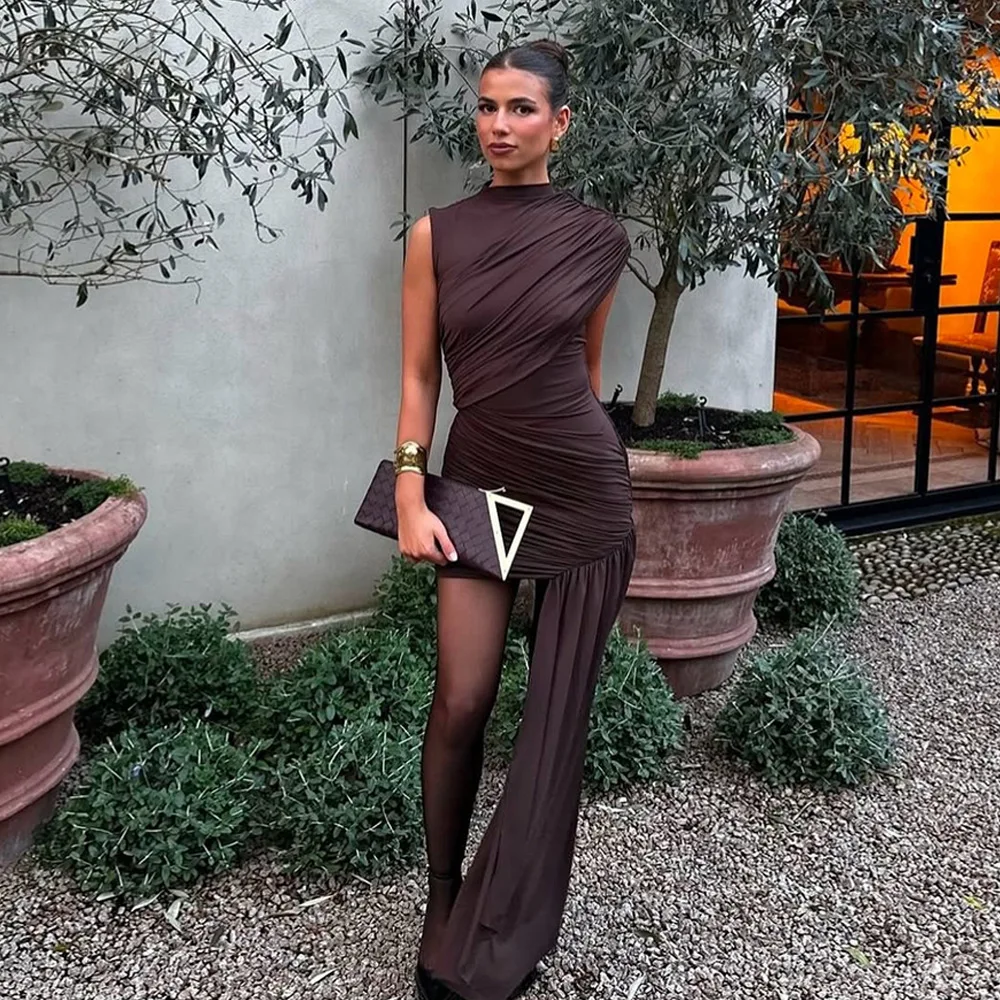 2025 feminino verão sexy mini sólido drapeado vestido ruched feminino pescoço assimétrico ruched flounce apertado mini cintura alta vestido fino