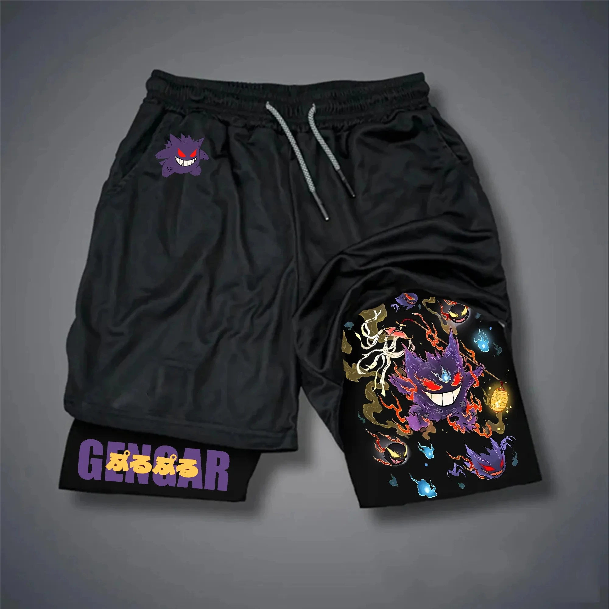 ポケモン チャリザード ワークアウト ショーツ メンズ コットン スポーツ パンツ 2025 夏 グラフィック ボトムス ブラック ベース 左 オレンジ ファイア ドラゴン 右