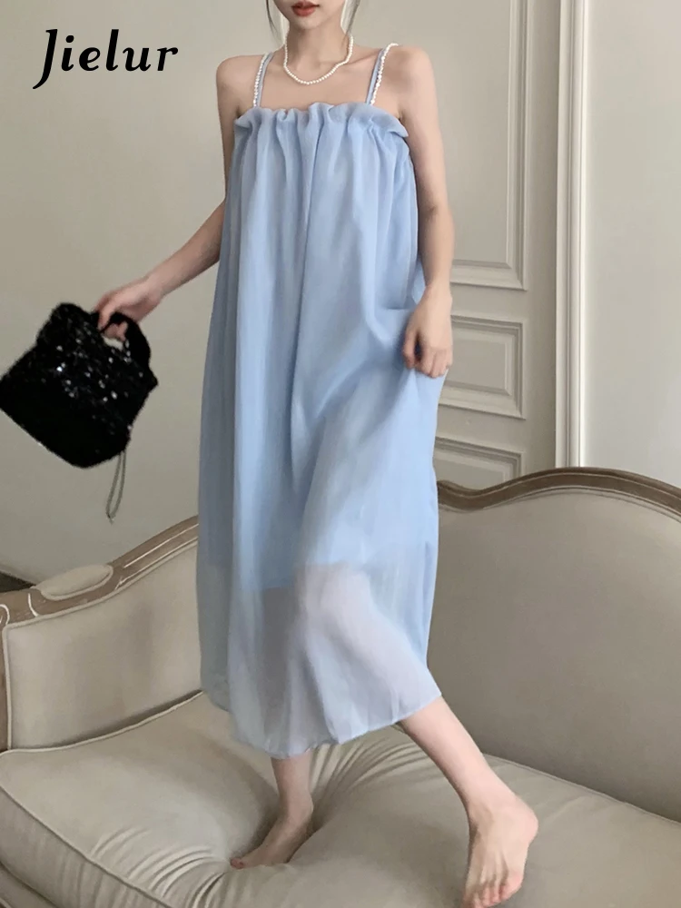 

Jielur Casual Blue Dresses Women Elegant Summer Y2k Dress Female Beach Sleeveless Fashion Holiday Sexy Dress Ladies Pearl Straps