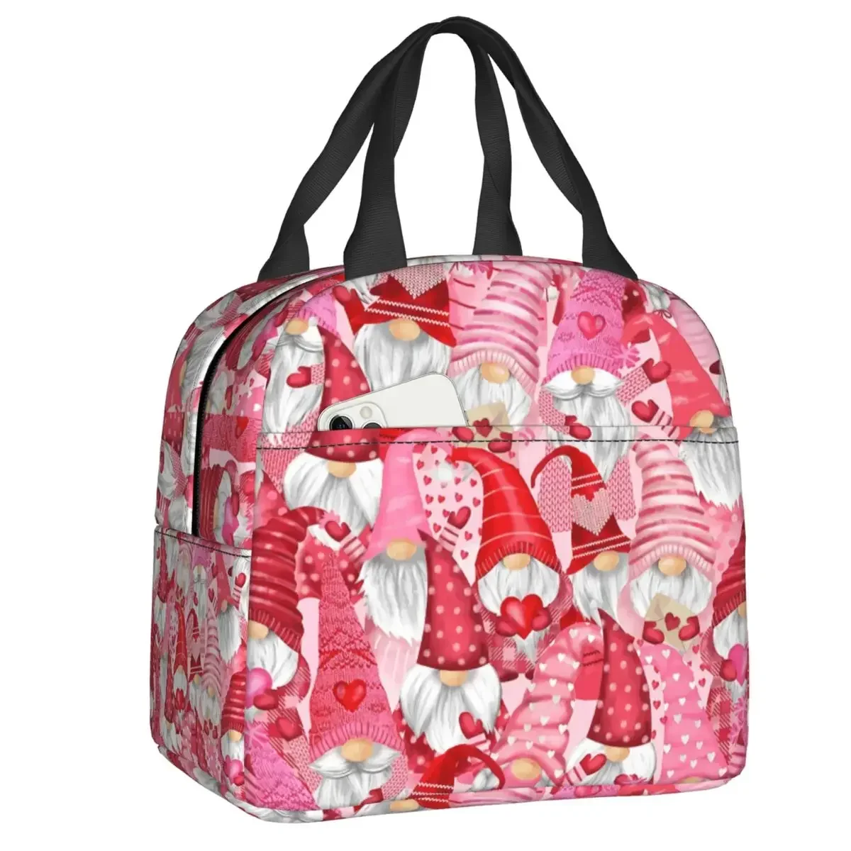 Custom Pink Gnome In Love Hearts And Flowers Pattern Insulated Lunch  for School Office Thermal Cooler Lunchags Box