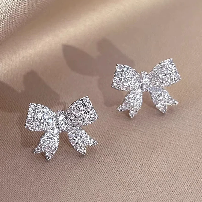 Silver Full Paved Rhinestone Bow Stud Earrings, Sparkly Mini Crystal Bow Ear Studs Sweet Elegant Women Daily Party Jewelry