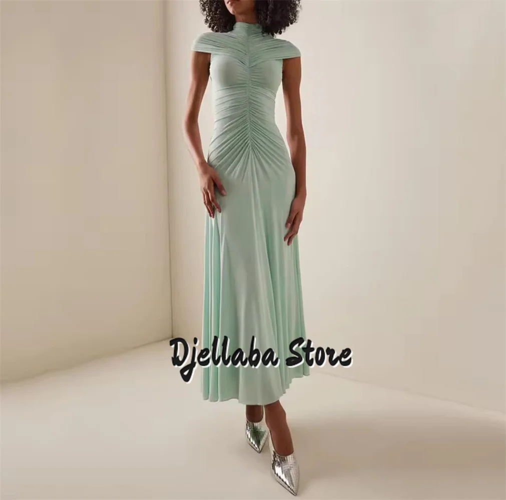 

Green Hign Collar Evening Dresses Cap Sleeves Mermaid Arabian Prom Gown Ankle Length Women's Formal Party Dress Customized