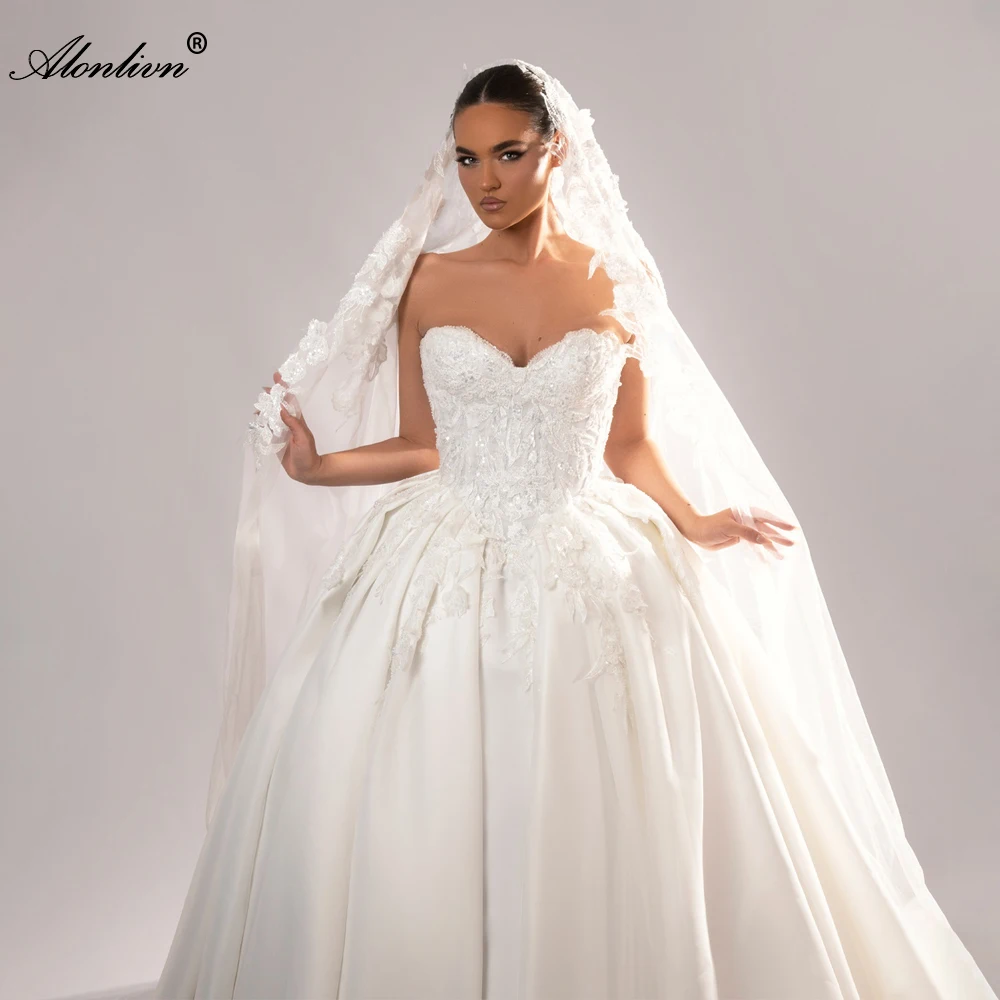 Alonlivn Custom Made Luxury Satin Sweetheart Ball Gown Wedding Dresses Beaded Pearls Embroidery Off Shoulder Puffy Bridal Gowns