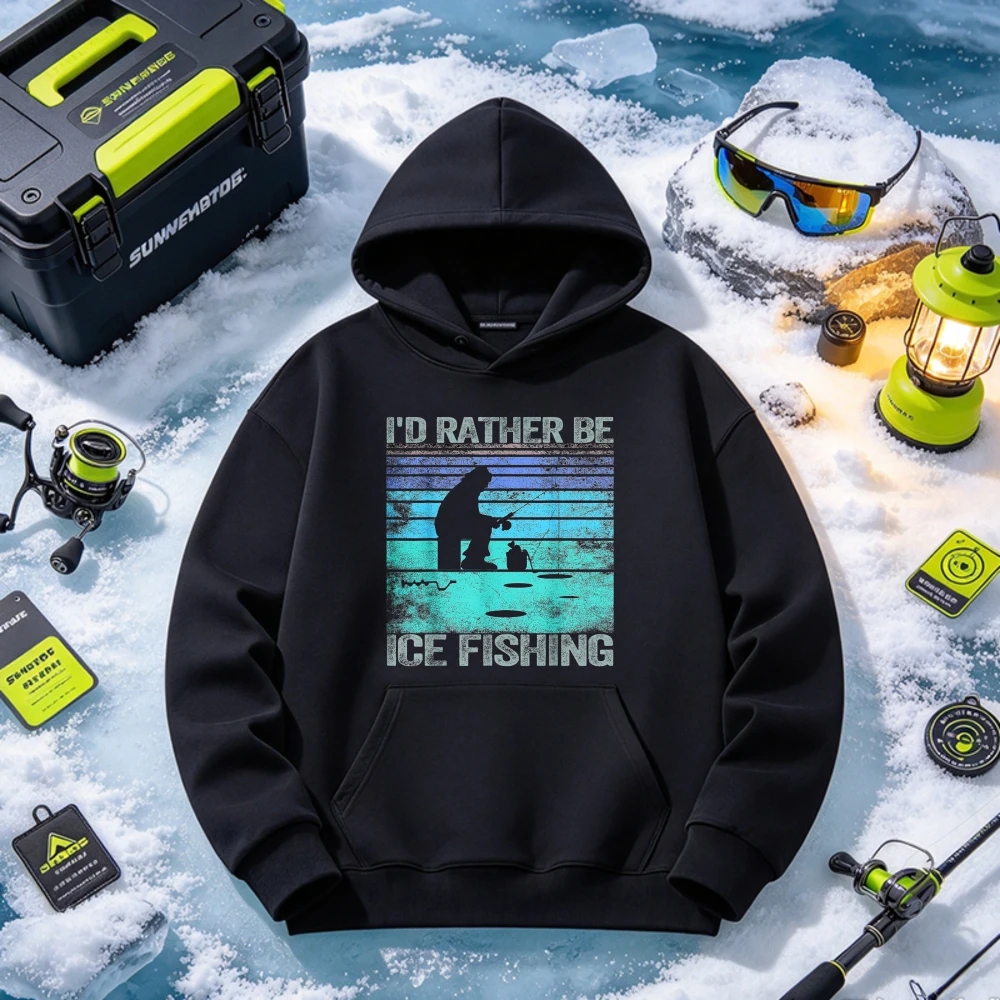 I'd Rather Be Ice Fishing Hoodie Men Women Retro Gradient Fisherman Silhouette Graphic Hooded Sweatshirt Casual Pullover Hoodie