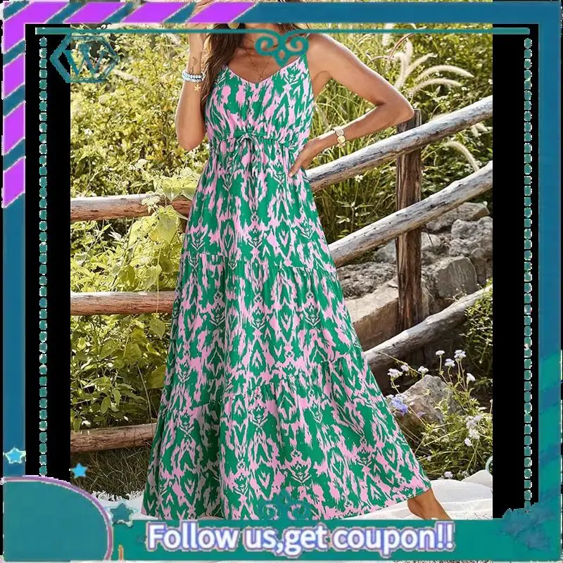 A09P Vestido de verão casual feminino boho vestido sem mangas estampado longo em camadas maxi vestido de praia 2025