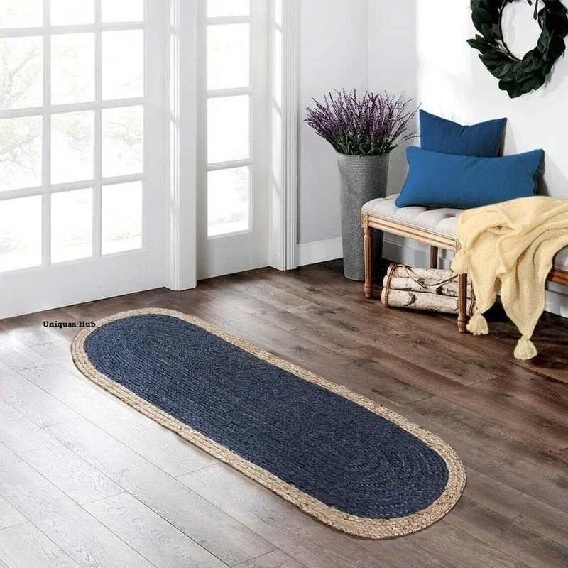 

100% Natural Jute Woven Oval Carpet for Home Use Handmade Reversible Rustic Look Carpets for Living Room