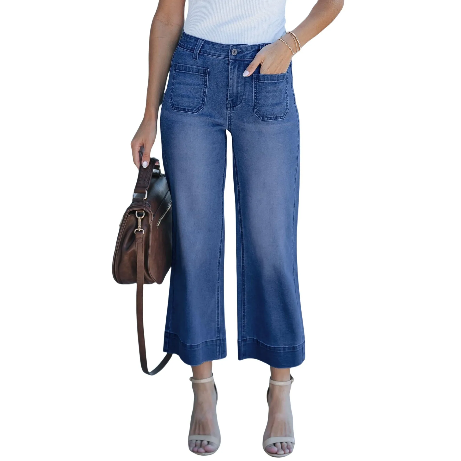 Women Flared Jeans High Waist Wide Leg Denim Pants Light Wash Button Front Women's Cargo Denim Jeans Cropped Jeans Pants