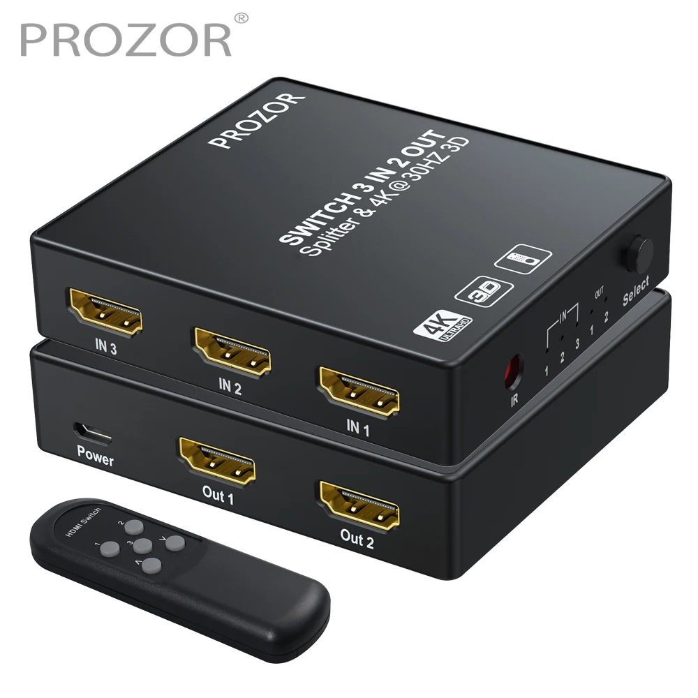 PROZOR-conmutador 3 en 2 compatible con HDMI, Hub de conmutación automática, compatible con HDMI 1,4, divisor con soporte remoto 4k 3D