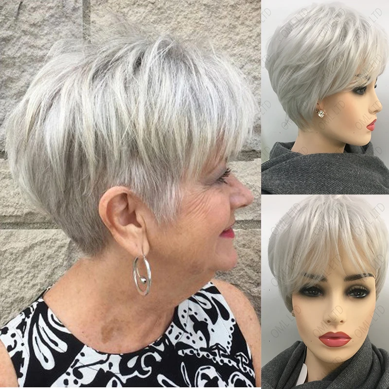 Grandma\'s Fashion Short Synthetic Silver White Wig with Bangs Soft Heat Resistant Mommy Daily Party Wig Women Grey Hair