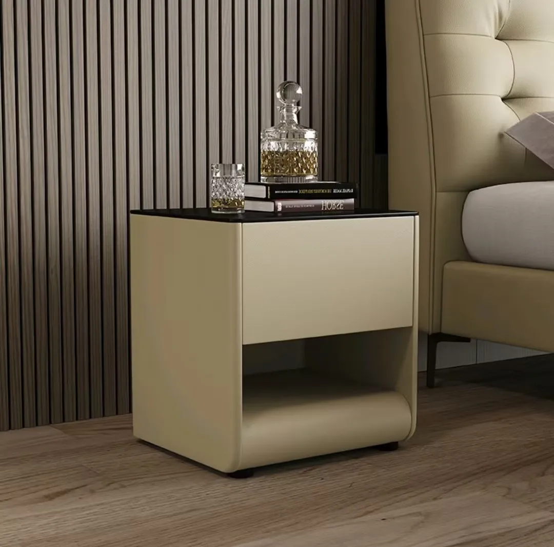 Modern Home Furniture Nightstand Design Contemporary Bedroom Storage Bedside Table with Glass Top Handleless