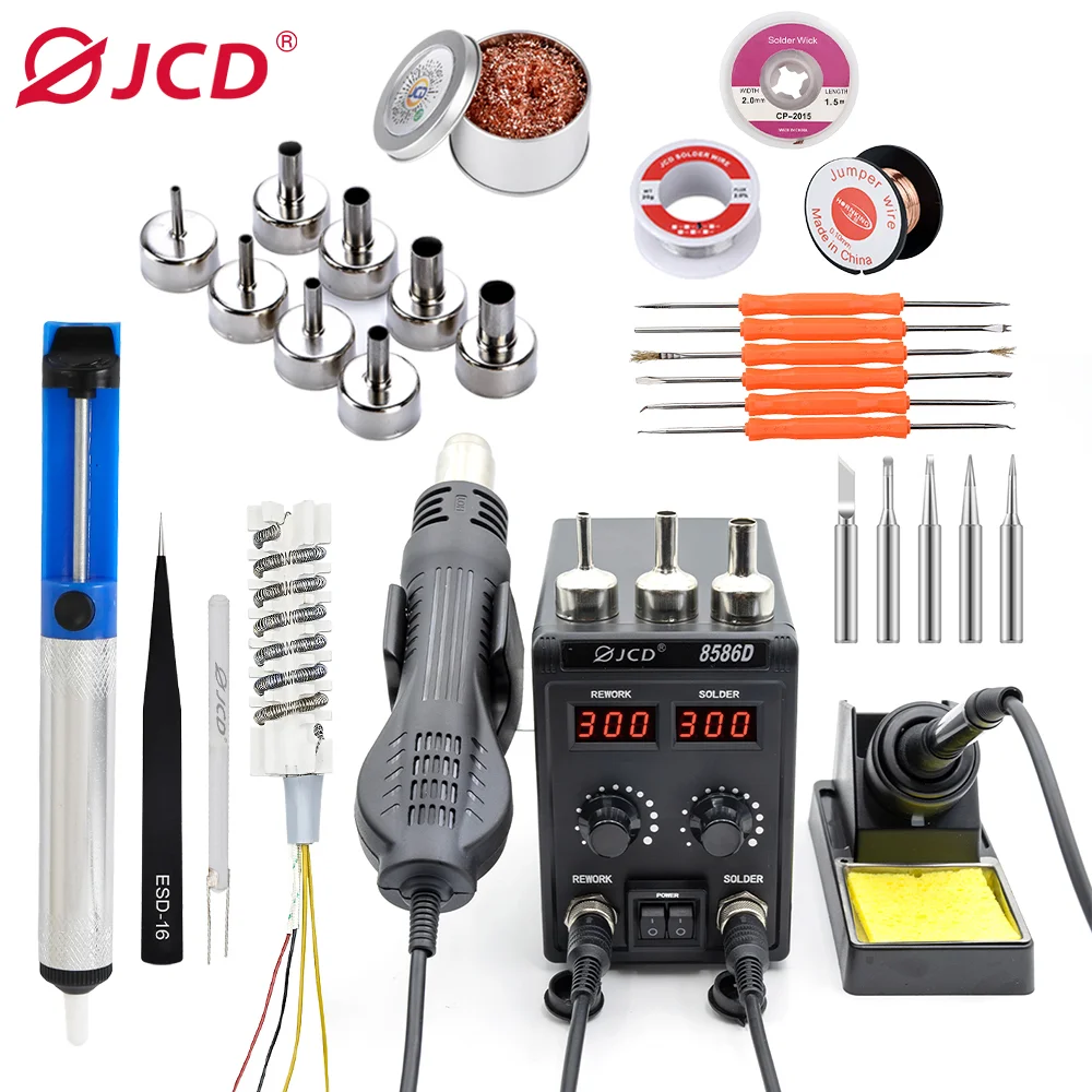 JCD 750W stazione di saldatura 2 IN 1 pistola ad aria calda LCD doppio Display digitale saldatore elettrico stazione di rilavorazione saldatura SMD 8586D