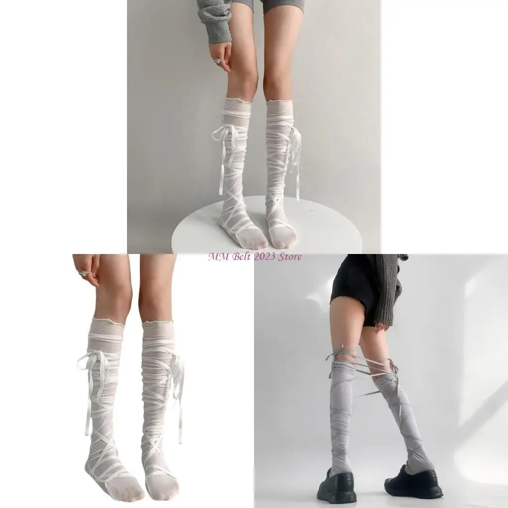 

49ME Women Thigh High Socks Over the Knee Tube Socks Strappy Thigh High Stockings