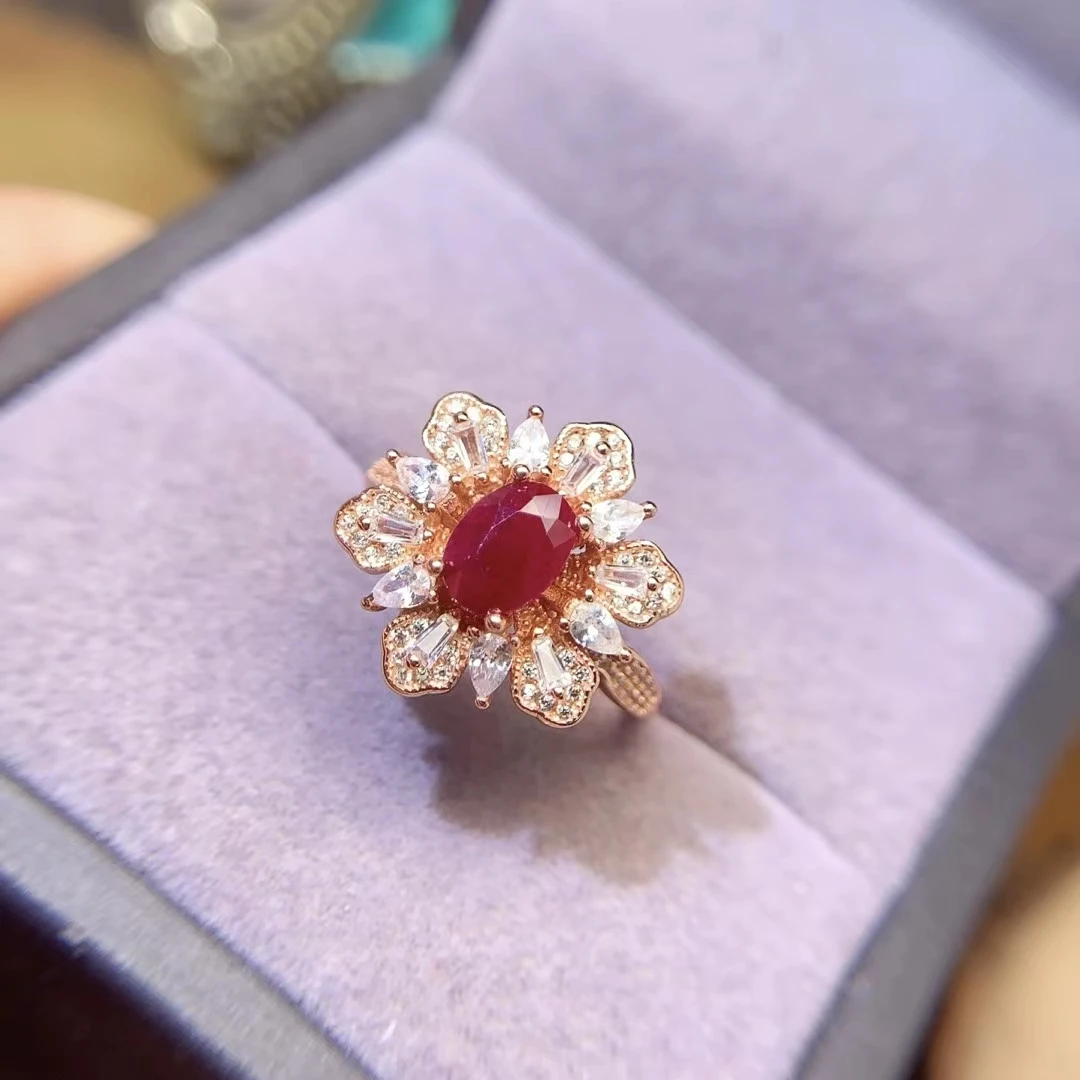 KJJEAXCMY S925 Pure Silver Inlaid Natural Burmese high quality Ruby Simple Elegant Women's Ring High Clarity  Support Testing