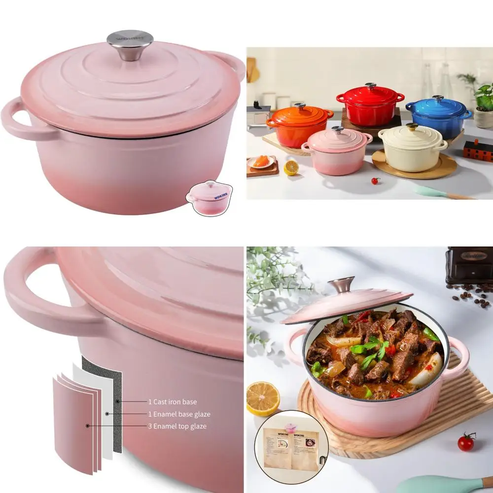 

Heavy-Duty Pink 7-Quart Enamel Cast Iron Dutch Oven Pot with Lid for Bread Baking, Braising, Stews, and Roasting | Perfect for H