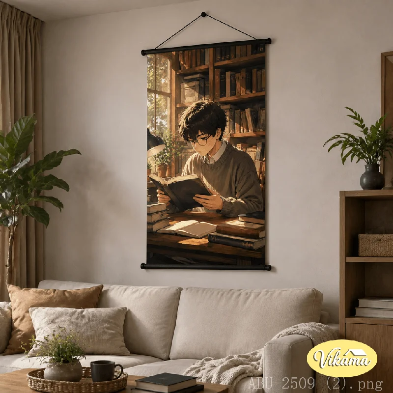 VIKAMA Vertical Anime Hanging Scroll Boy Reading Book Library Canvas Poster Japanese Wall Hanging Study Room Aesthetic Decor