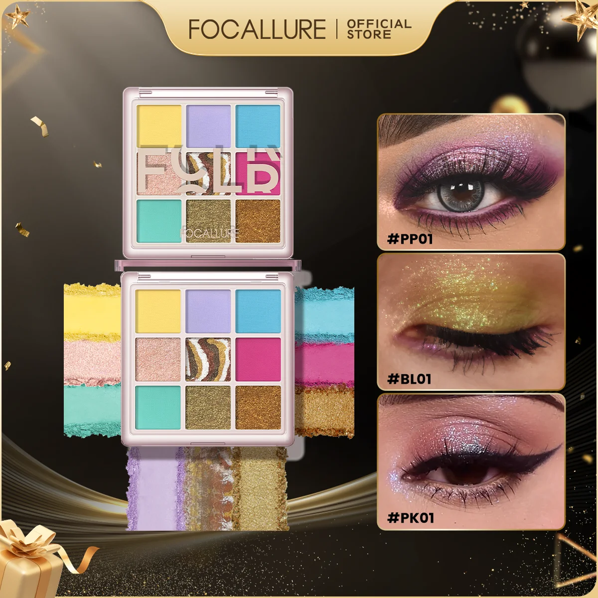 FOCALLURE 9 Colors Diamond Eyeshadow Palette Long-lasting Pearlescent Shimmer Matte Natural Eye Shadow Powder Makeup Cosmetics