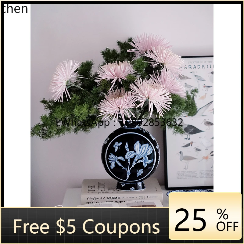 

light luxury high-end iris holding the moon new Chinese hand-painted blue and white porcelain ceramic vase entrance ornament