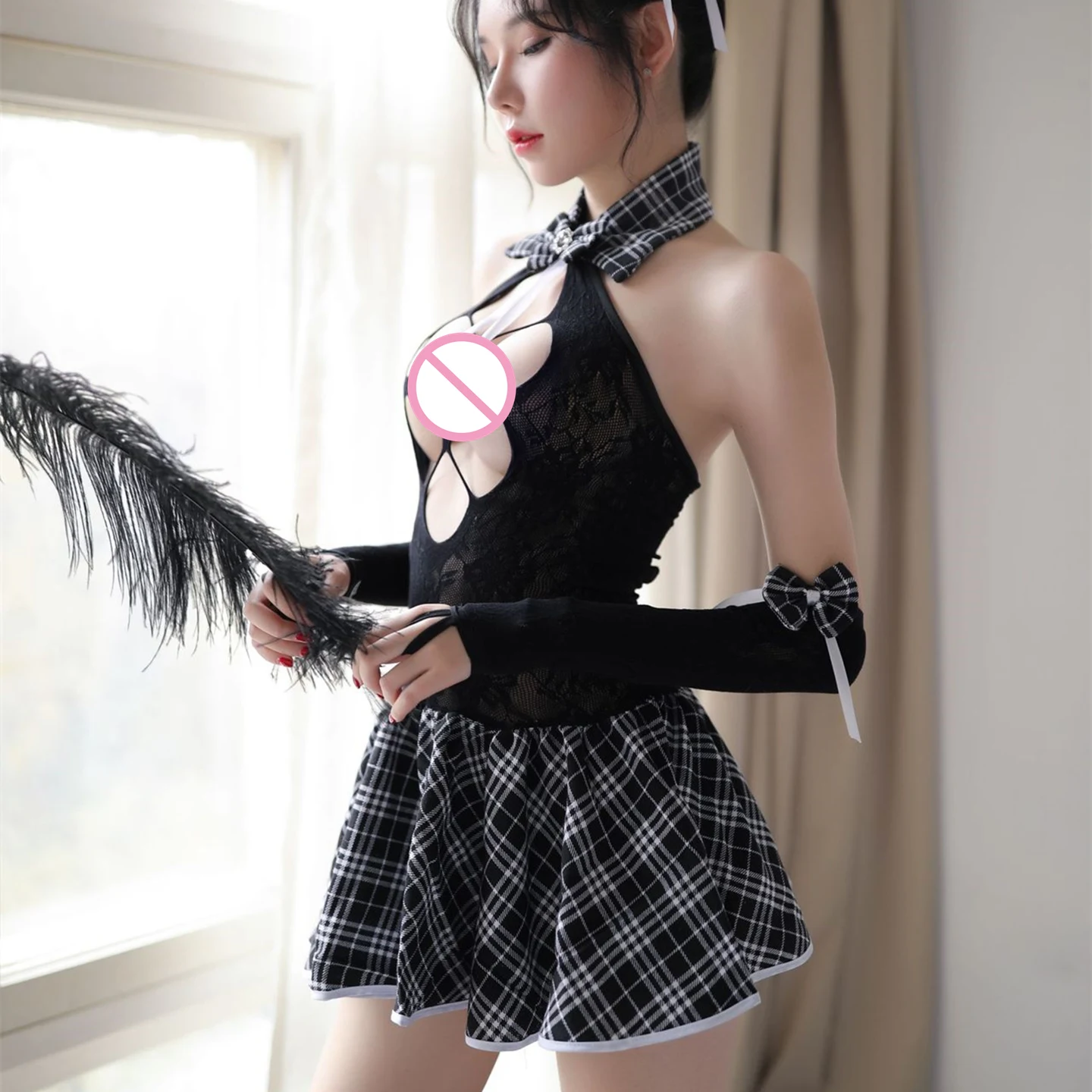 

Sexy Women's Role Playing Student Costumes Lace Top JK Plaid Miniskirt Set Schoolgirl Cosplay Lingerie Adult Party Clothing
