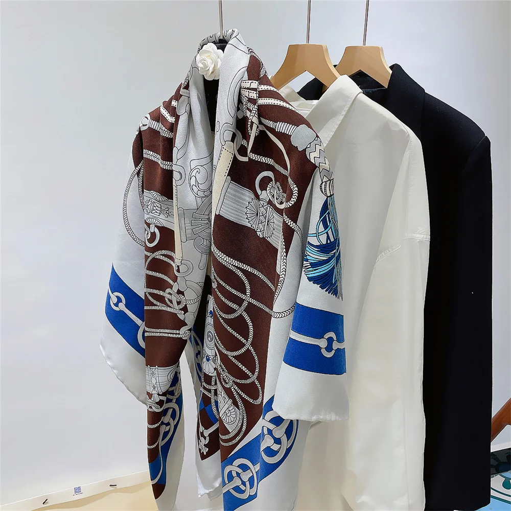 POBING Silk Cashmere Scarf Women Hand Rolled Shawls Whip Print Square Scarves Wraps Bandana Big Hijabs Female Foulard 135CM