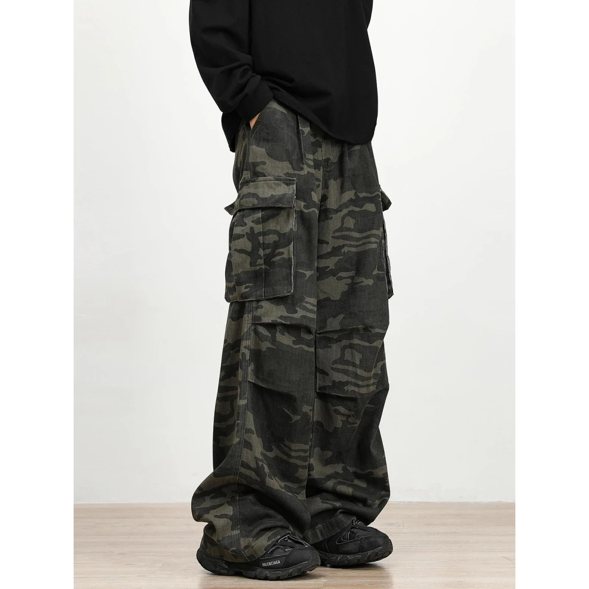 

Camouflage Cargo Work Pants Men's Spring Autumn Loose Casual Wide Leg Straight Cut Multi Pockets Retro American Style Jeans