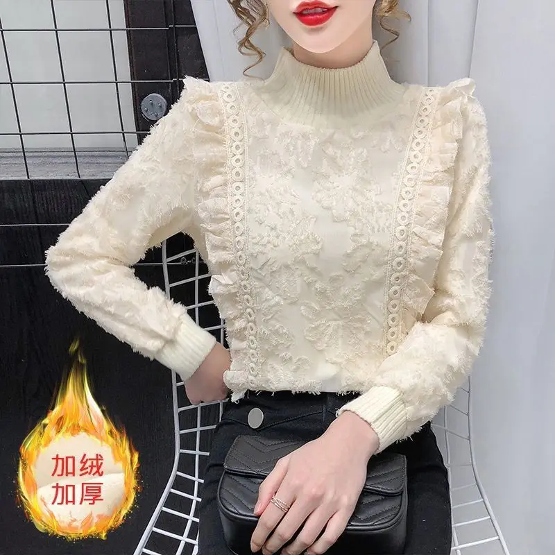 

Velvet Half Turtleneck Lace Base Shirt for Women Autumn Winter New Loose Style Long-sleeved Top