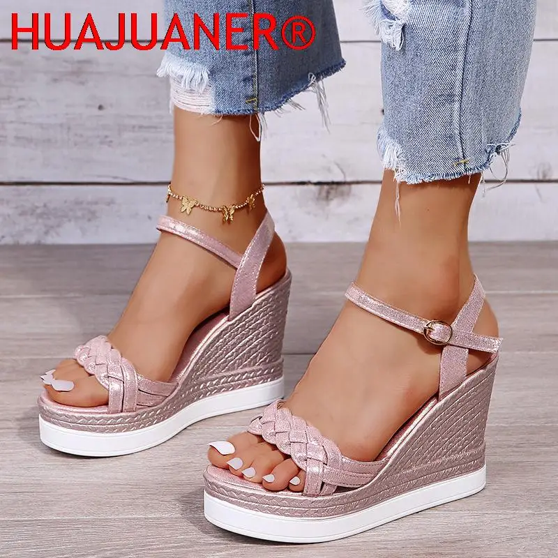 Sandali estivi con zeppa da donna sandali con plateau cinturino Open Toe fondo grosso scarpe Casual 2023 oro argento sandali rosa 10cm