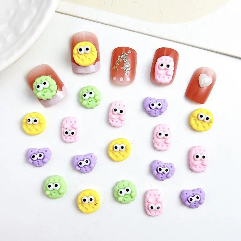 50PCS Resin Macaron Color Waffle Biscuit Nail Art Decorations 3D Large Eye cookies Nail Charms for Handmade DIY Manicure Designs