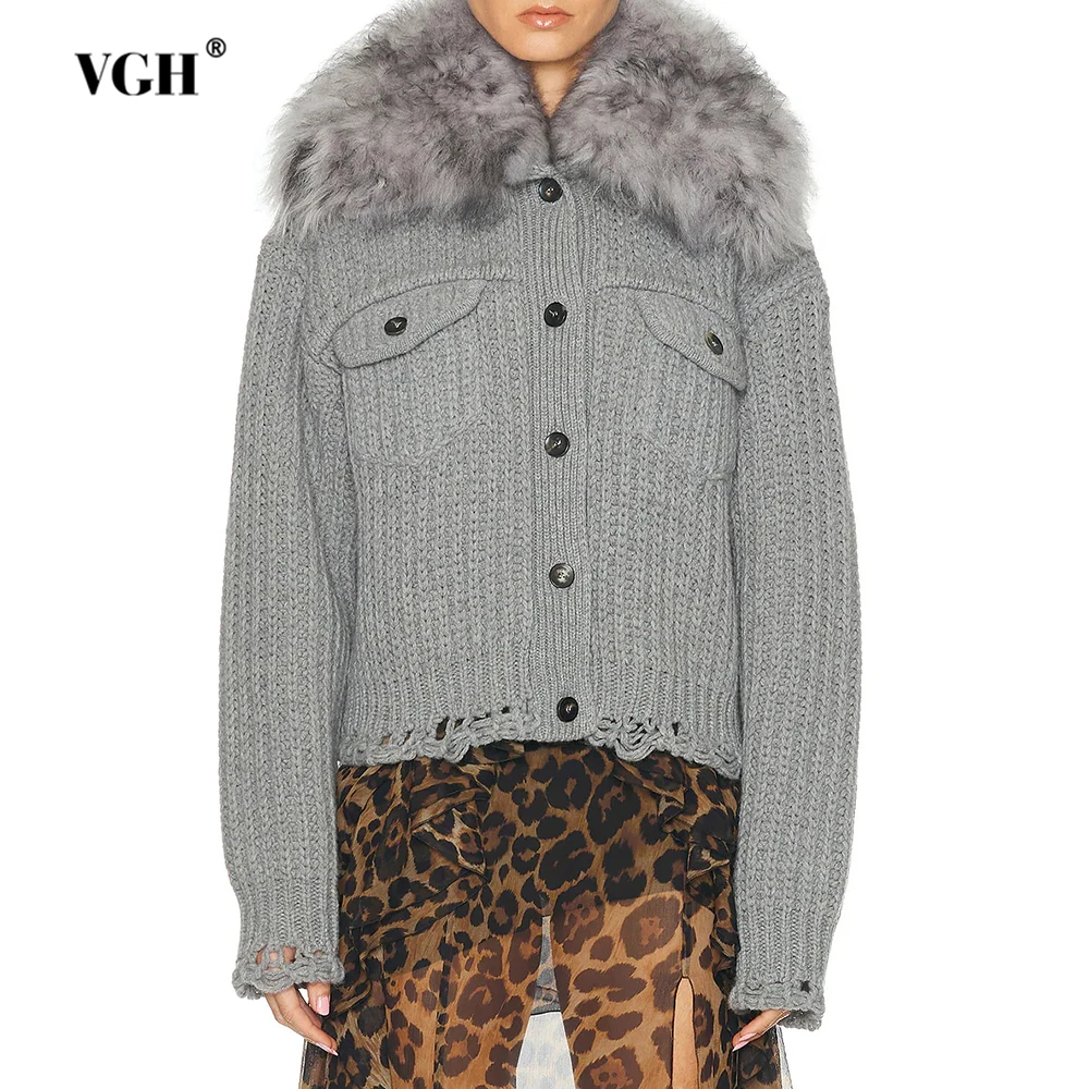 

VGH Solid Casual Slimming Knitted Sweaters For Women Lapel Long Sleeve Spliced Button Autumn Chic Warm Jacket Female Fashion