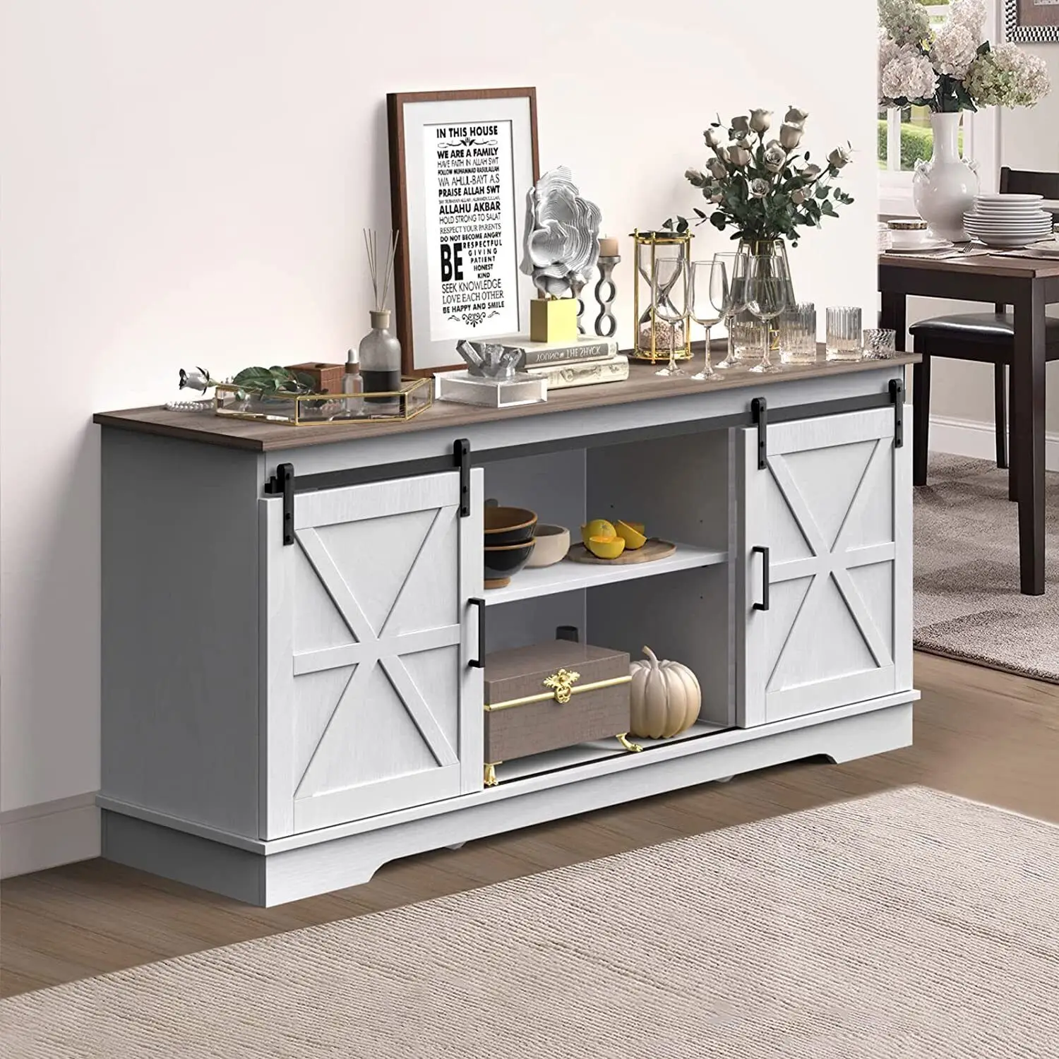 

59" Kitchen Buffet Cabinet Coffee Bar Sideboard with Sliding Barn Door