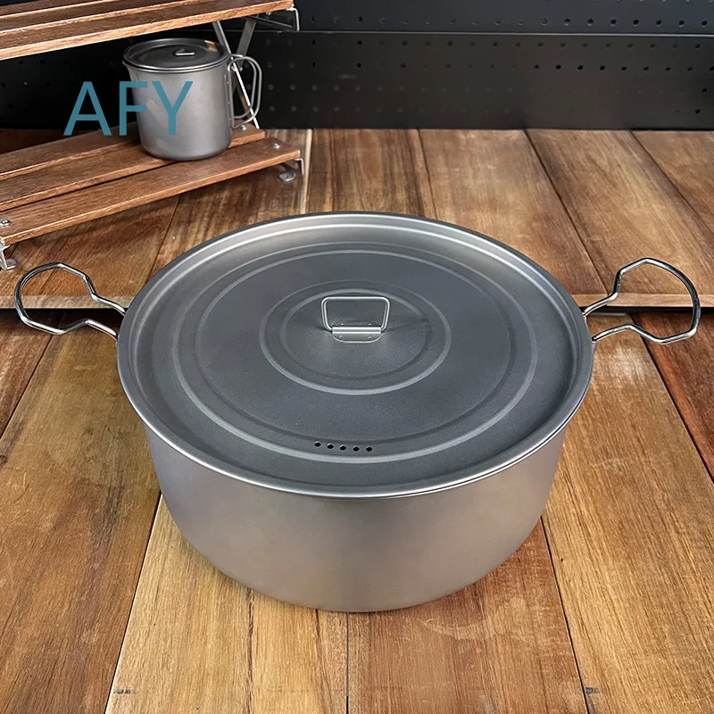 Pure Titanium 5.5L Large Diameter Flat Bottom Amphora Pot with Lid for Outdoor Cooking Camping Picnic Steaming Soup Boiling