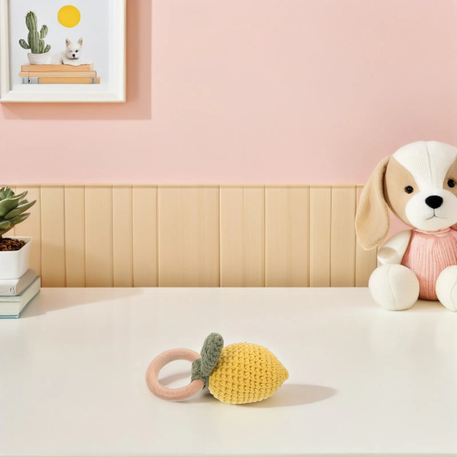 Wooden Newborn Sensory Handmade Crochet Fruit Shaker Montessori Wood Ring Teether Infant Grasping Developmental