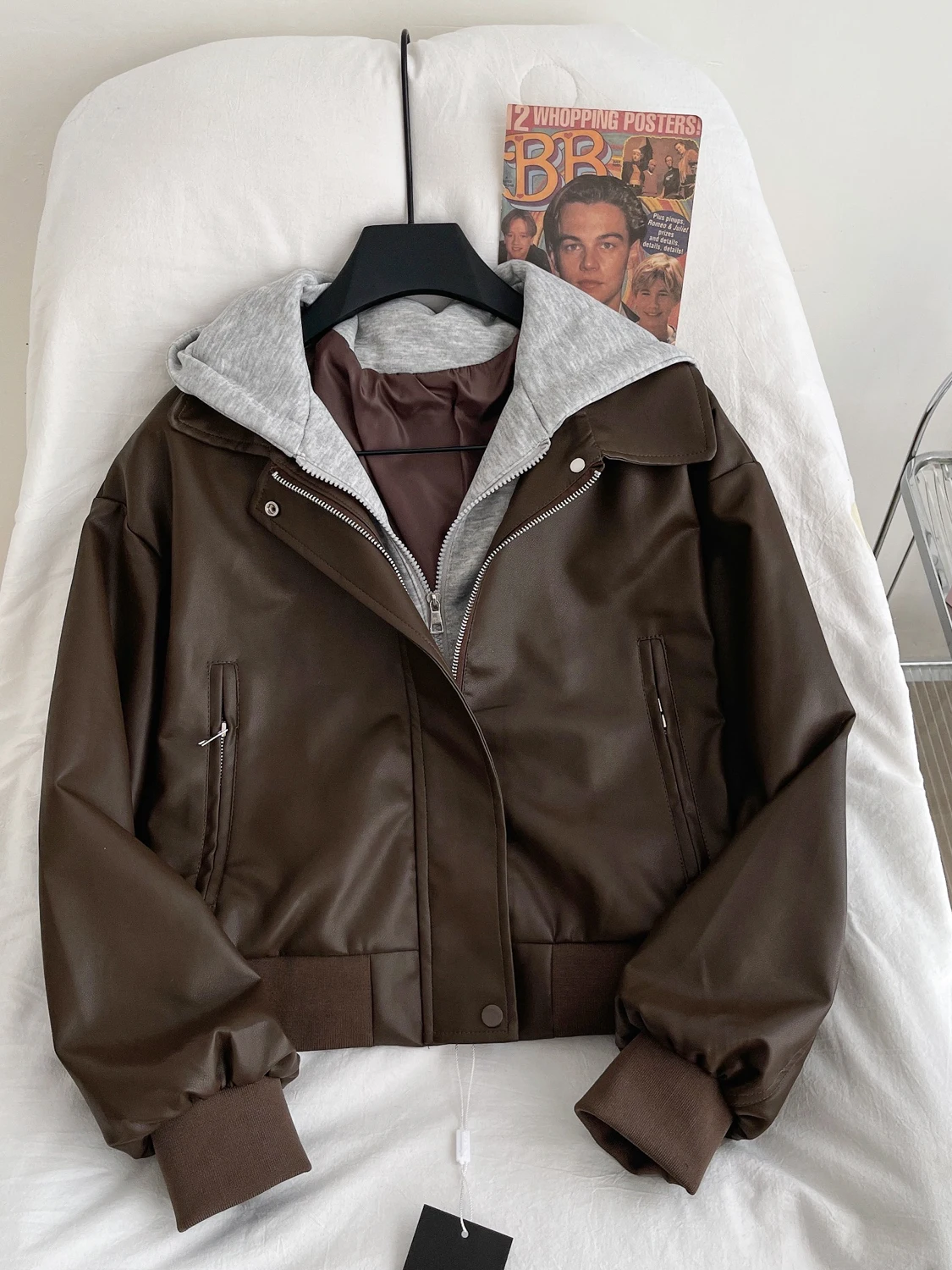 

Корейский дизайн Sle Faion, женский джинт из двух частей с капюшоном, модный универсальный кожаный джет на осень 2023 г.