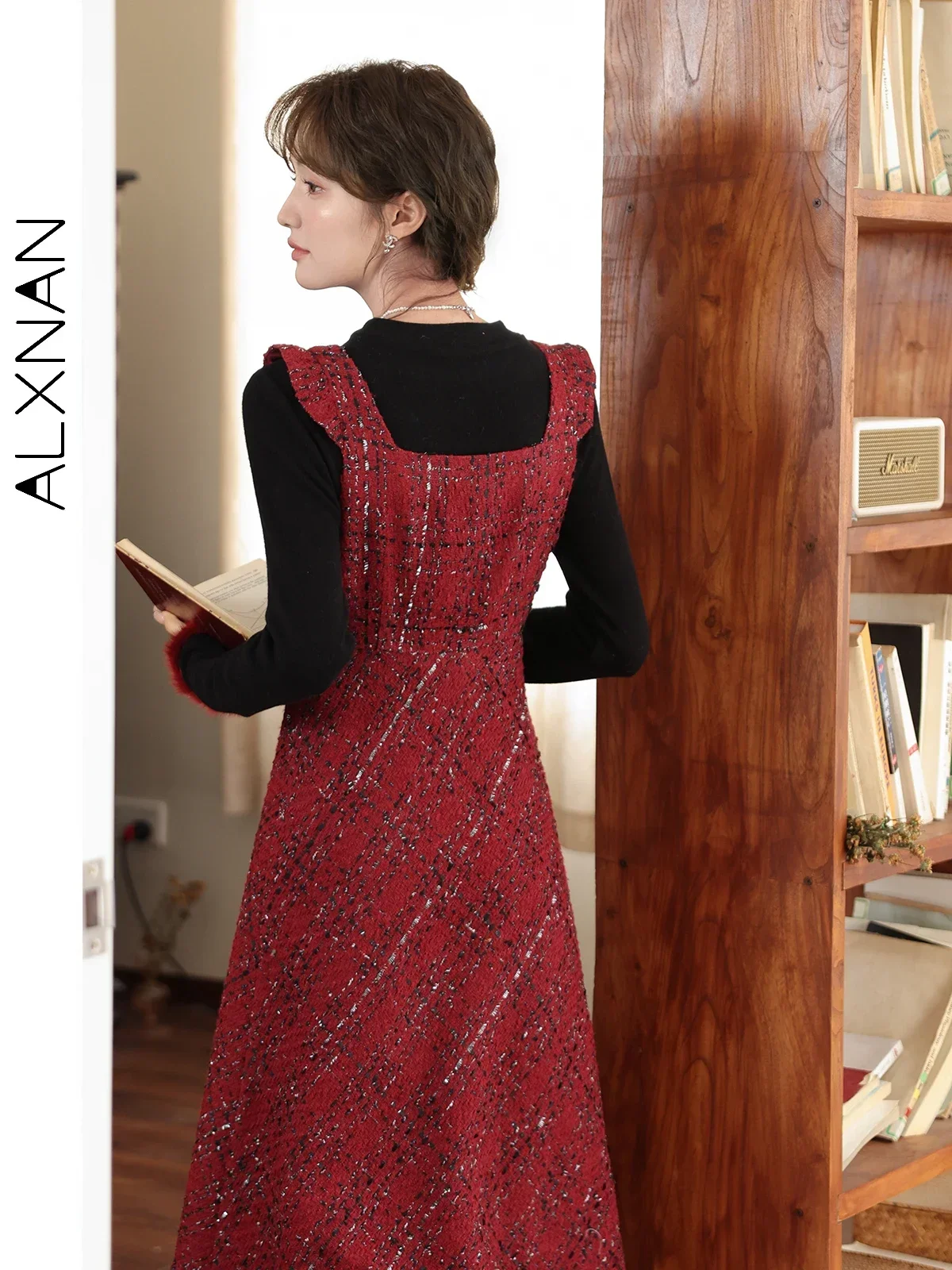 ALXNAN grande taille robe rouge sans manches 2025 automne col carré nœud élégant a-ligne femmes robes mi-longues vendu séparément D01008