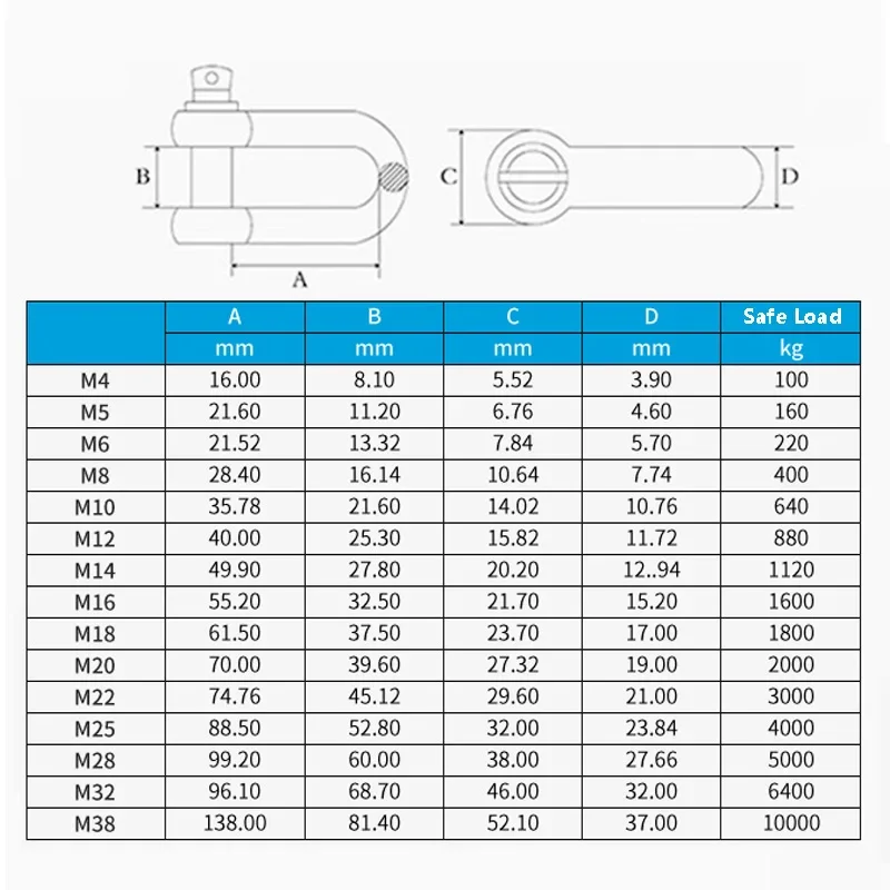 1Pcs D-Type Or Bow Shape Shackle High Quality 304/316 Stainless Steel Load Shackle Chain Rope Connect Buckle Size M4-M32