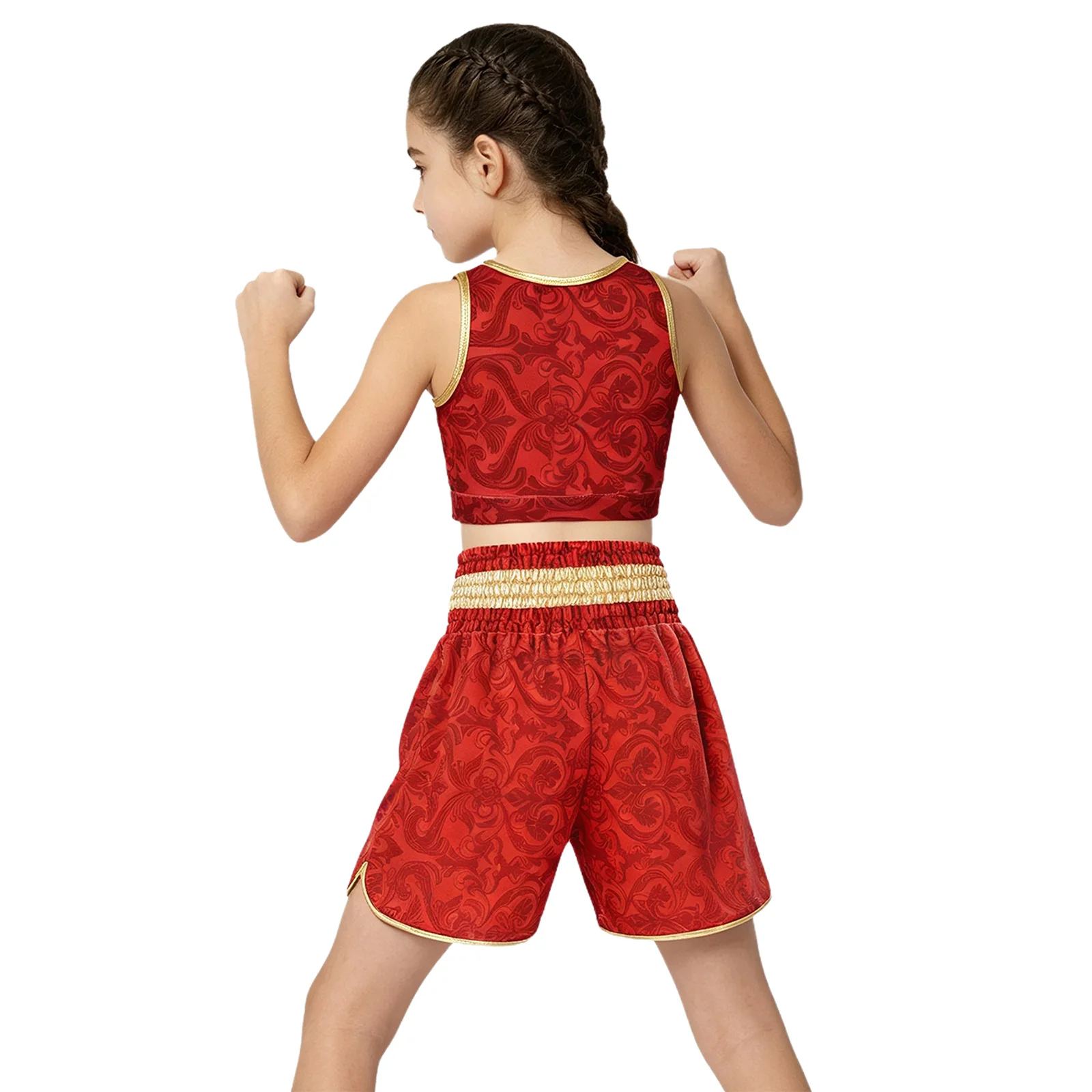 Kinder Jungen Mädchen Metallic-Verzierung Kampf-Boxoutfit mit Kapuze, Boxermantel und Gürtel, Blumenmuster-Weste mit elastischem Bund und Shorts – Detail 4