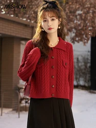 MISHOW Retro Red Knitted Twist Sweater Women Thick Lapel Cardigan Jacket Ladies College Style Jumpers Soft Top Female MXC56Z0438