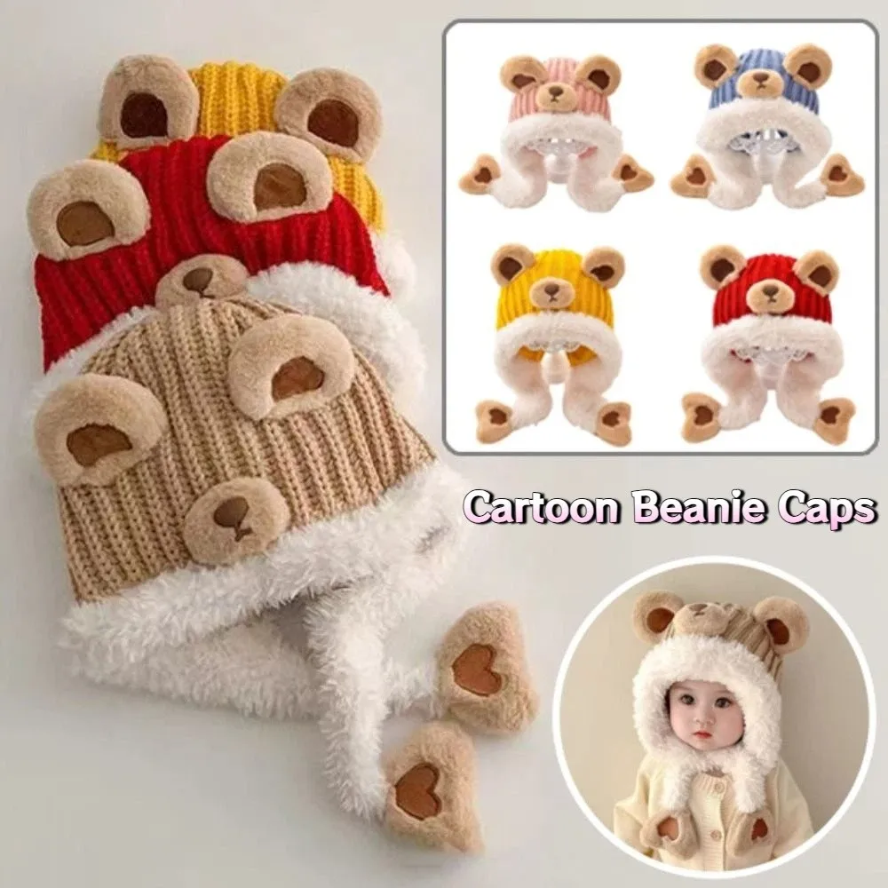 

Kawaii Cartoon Beanie Caps Bear Thickened Children's Pullover Hats Strap Design Coldproof Baby Ear Protection Hat for Boys Girls