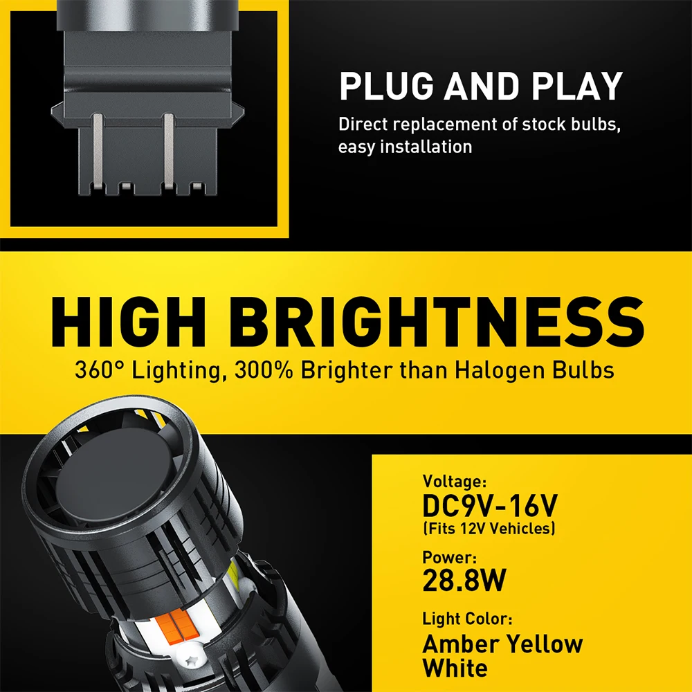 AUXITO 2szt Turbo P27/7W T25 3157 Żarówka LED Canbus Samochodowa lampka kierunkowskazu DRL Podwójny kolor Bursztynowy Żółty Biały Super Jasny — zdjęcie 7