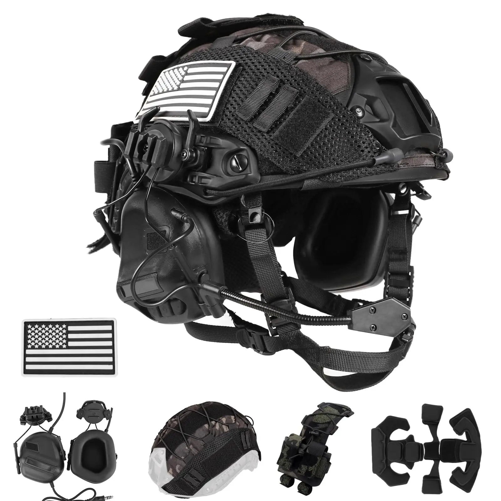 Taktisches Helm-Set, verstellbarer SCHNELLER Schutzhelm mit Headset, Überlebenslicht, NVG-Modell, Signallicht für CS Airsoft Cosplay