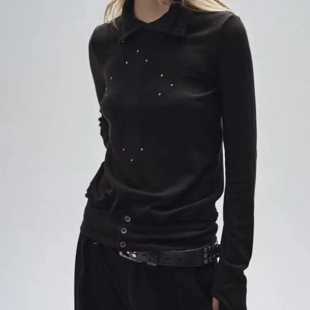 Retro High-neck Frayed Dark-tone Printed Rhinestone Finger-through Stretchy Slim-fit Punk Long-sleeve T-shirt Base Layer