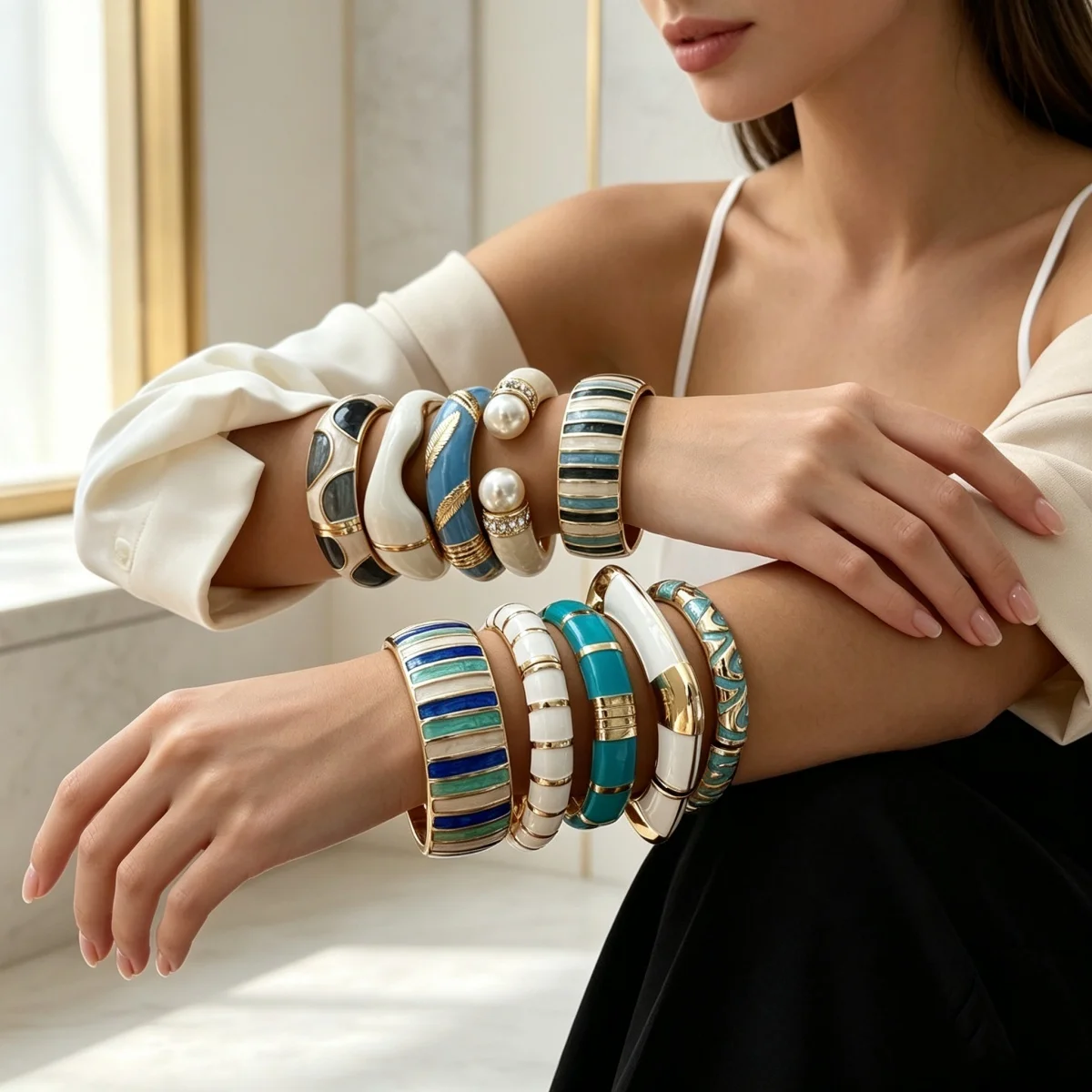 Trendige blau-weiße Emaille-Manschettenarmbänder für Damen und Herren, Vintage, unregelmäßige Streifen, stapelbarer Armreif, Partyschmuck – Detail 7