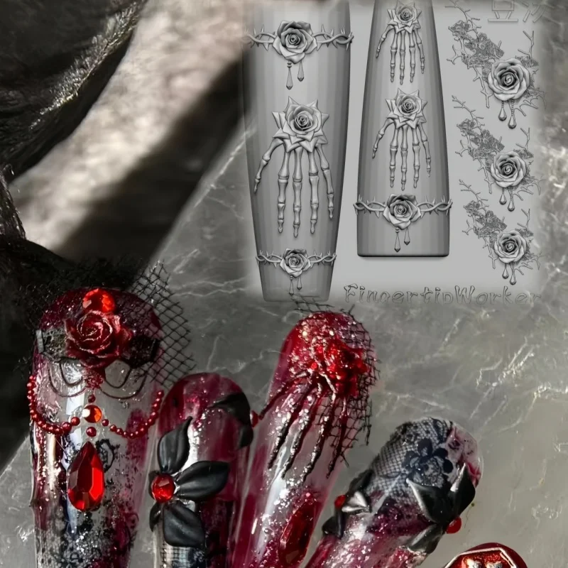 1 molde Original transparente para decoración de uñas, estilo oscuro, calavera rosa, espinas de mano, encaje, costillas 3d, hueso de columna vertebral, molde exquisito DIY para uñas